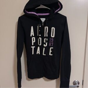 Aeropostale Womens Hoodie Size Medium Black Purple Embroidered Zip Up Sweatshirt